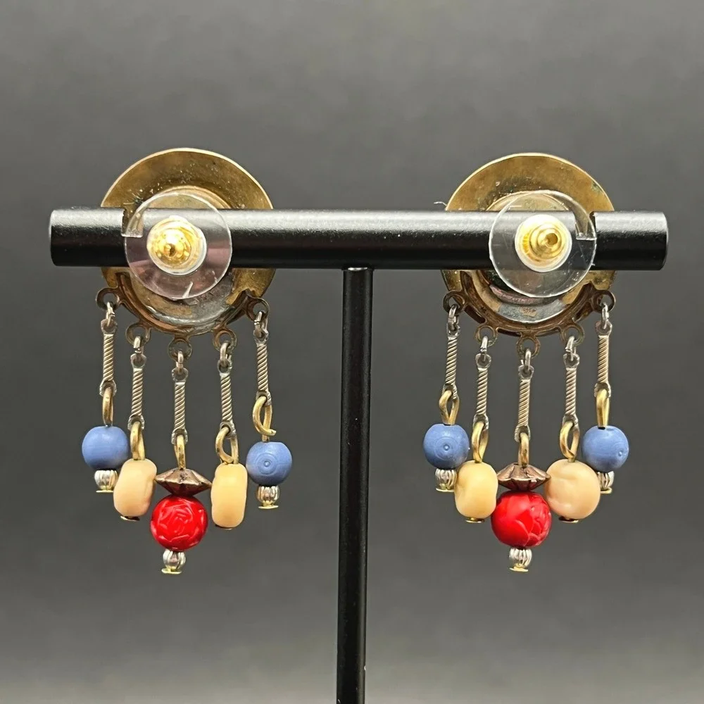Vintage Boho Earrings Earrings Hammered Brass Red Blue White Beaded